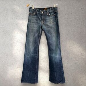 7 for all Mankind Jeans Womens Size27 Yellow Pocket Dark Blue Distressed Bootcut